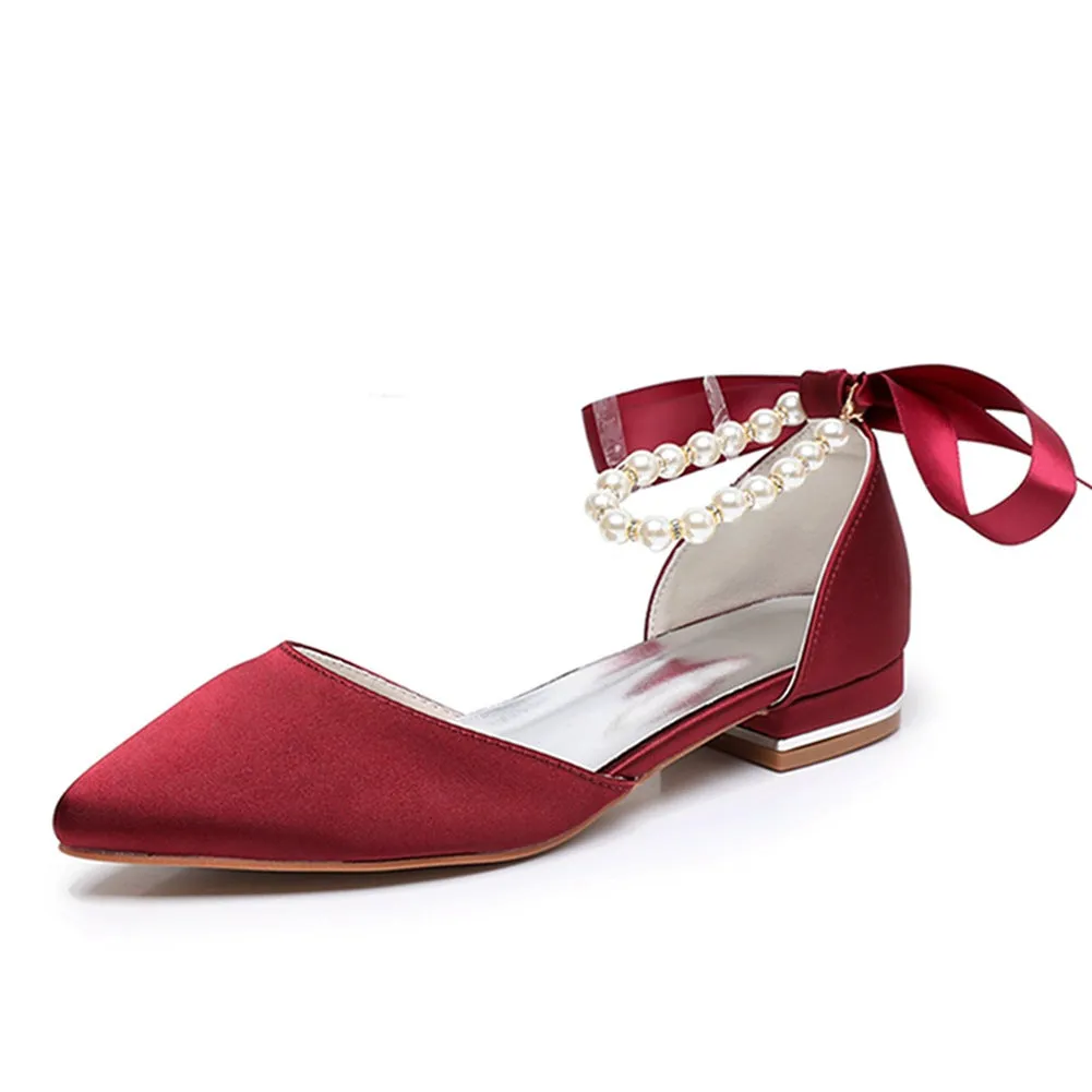 Elegant Pearl Ribbon Tie Satin Flat Heel Pointed Toe Bridal Shoes
