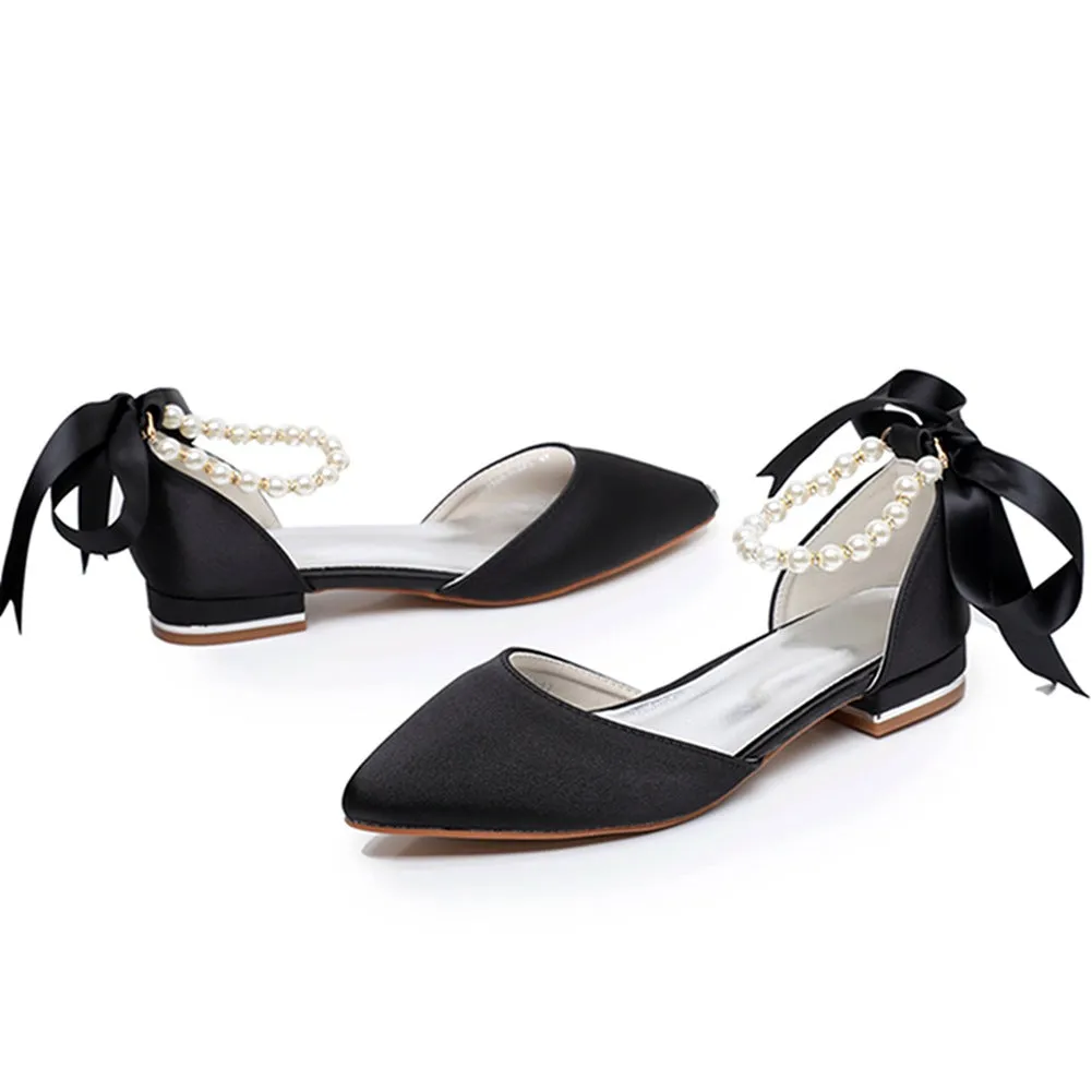Elegant Pearl Ribbon Tie Satin Flat Heel Pointed Toe Bridal Shoes