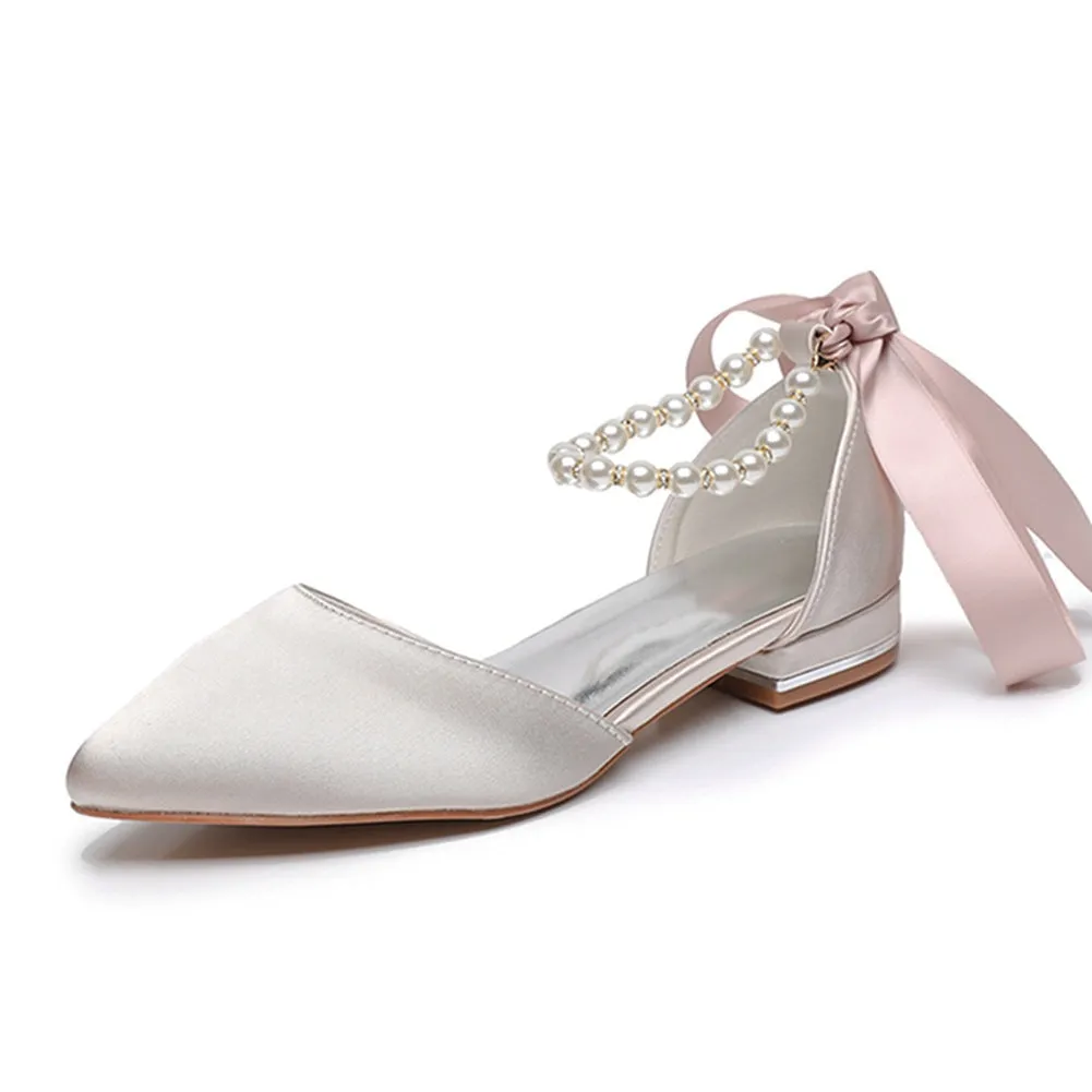 Elegant Pearl Ribbon Tie Satin Flat Heel Pointed Toe Bridal Shoes
