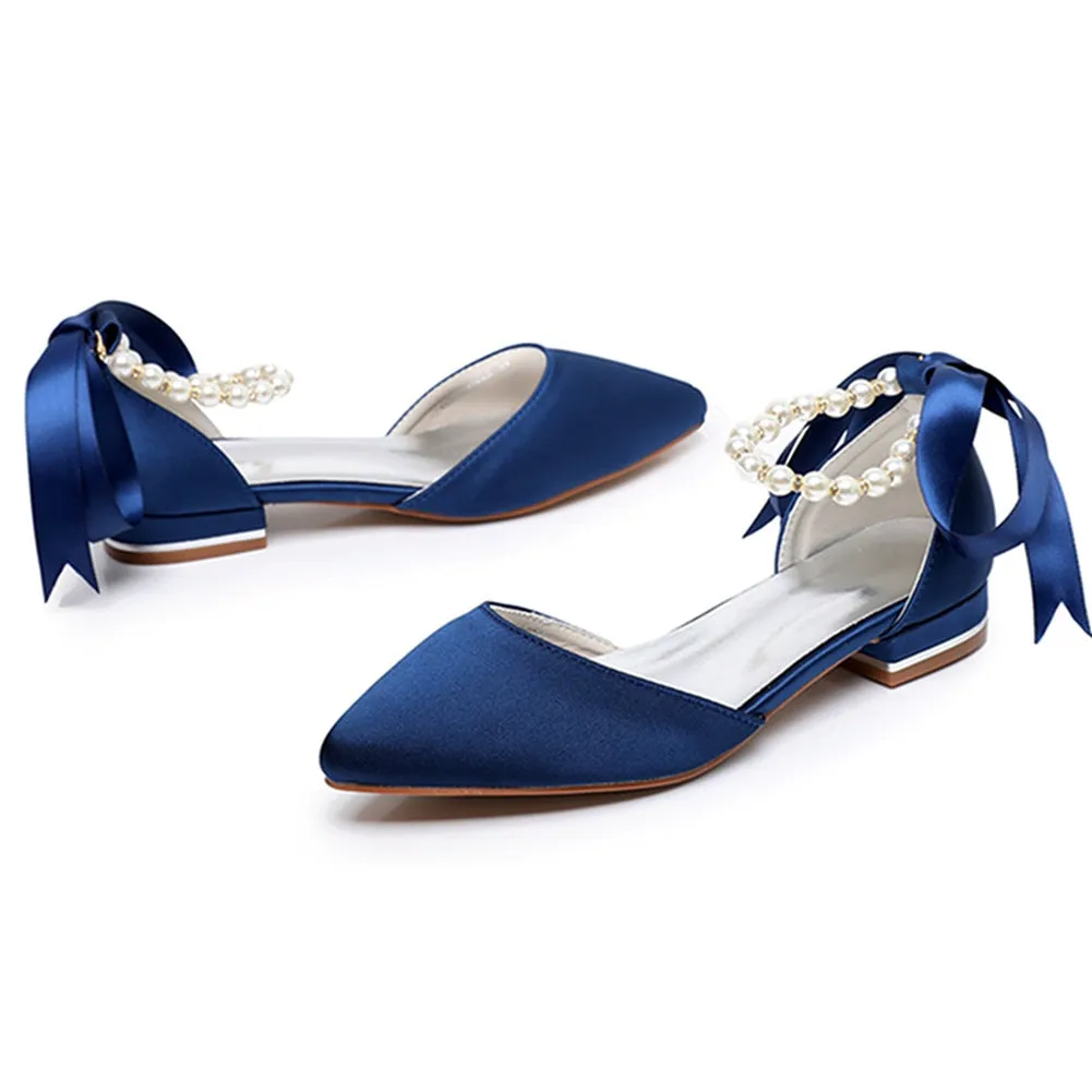 Elegant Pearl Ribbon Tie Satin Flat Heel Pointed Toe Bridal Shoes
