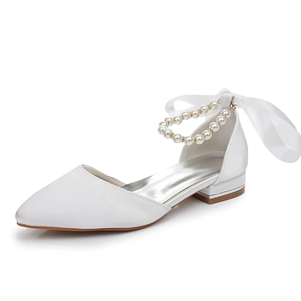 Elegant Pearl Ribbon Tie Satin Flat Heel Pointed Toe Bridal Shoes