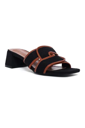 ELEGANT TEXTURED BLOCK HEEL SLIDE-BLACK-CAMEL