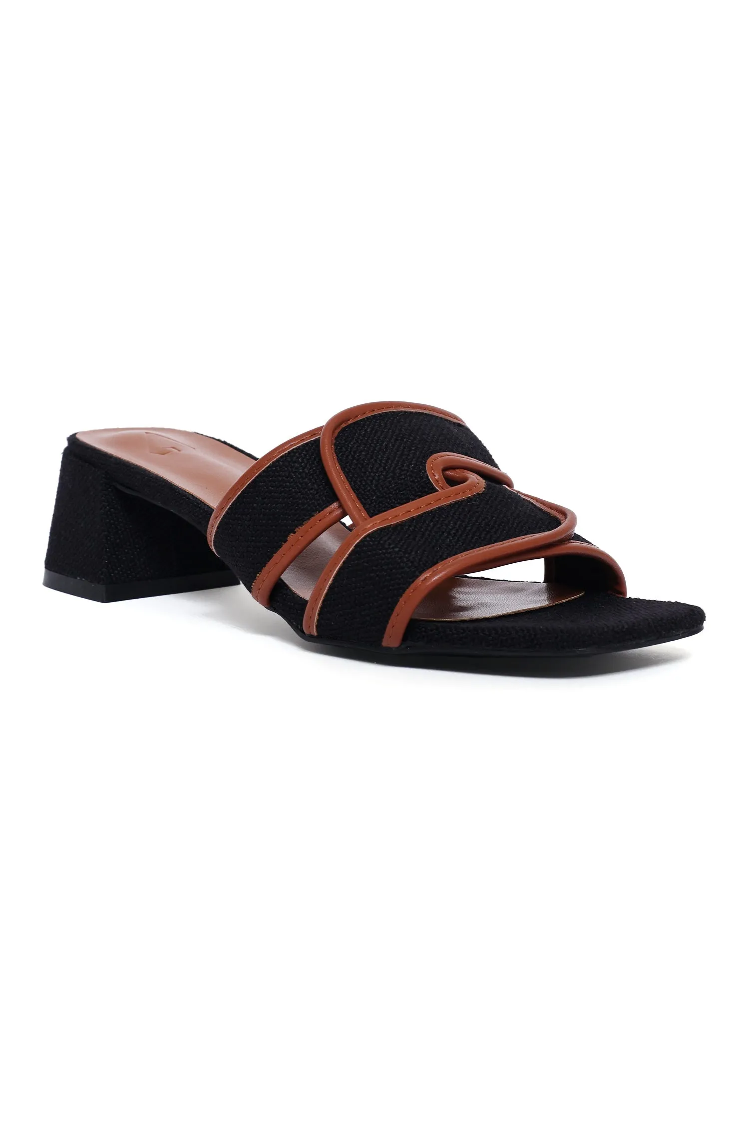 ELEGANT TEXTURED BLOCK HEEL SLIDE-BLACK-CAMEL