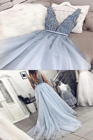 Elegant V Neck Backless Sleeveless Appliques Long Tulle Prom Dresses OHC145