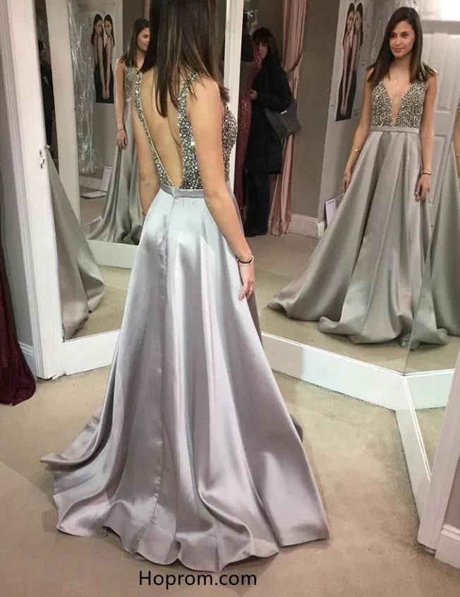 Elegant V-neck Beading Prom Dresses with Open Back