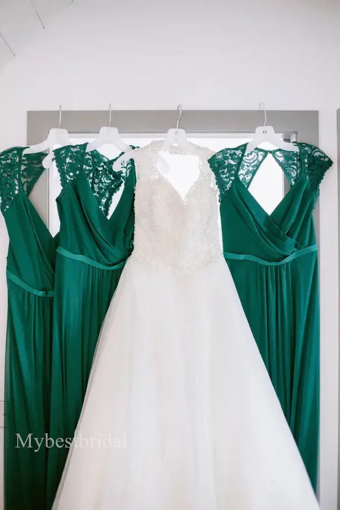 Elegant V-neck Cap sleeves A-line Bridesmaid  Dressess, BDS0350