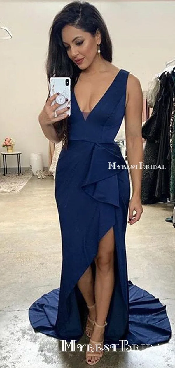 Elegant V-neck Royal Blue Double FDY Mermaid Long Cheap Bridesmaid Dresses, BDS0060