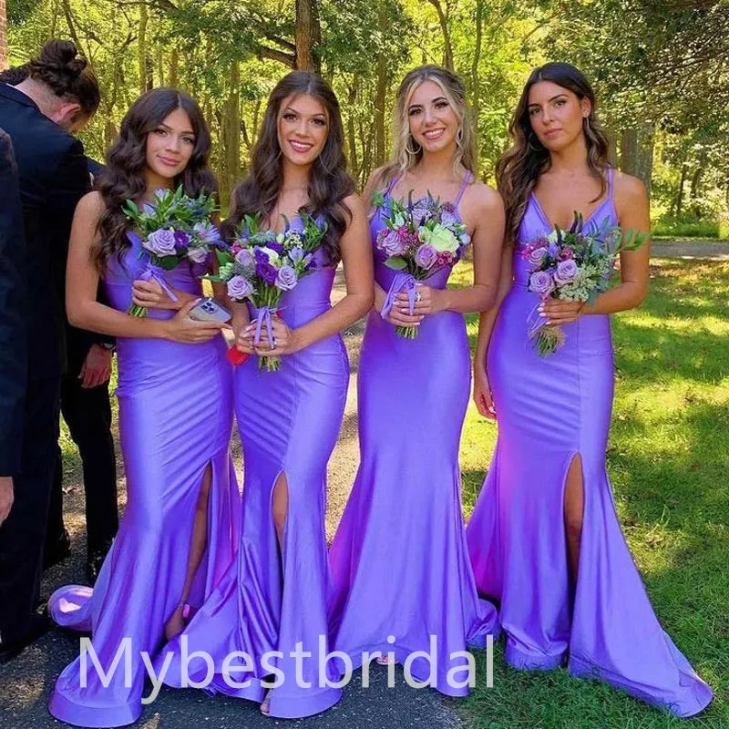 Elegant V-neck Sleeveless Side slit Long Mermaid Bridesmaid Dressess, BDS0310
