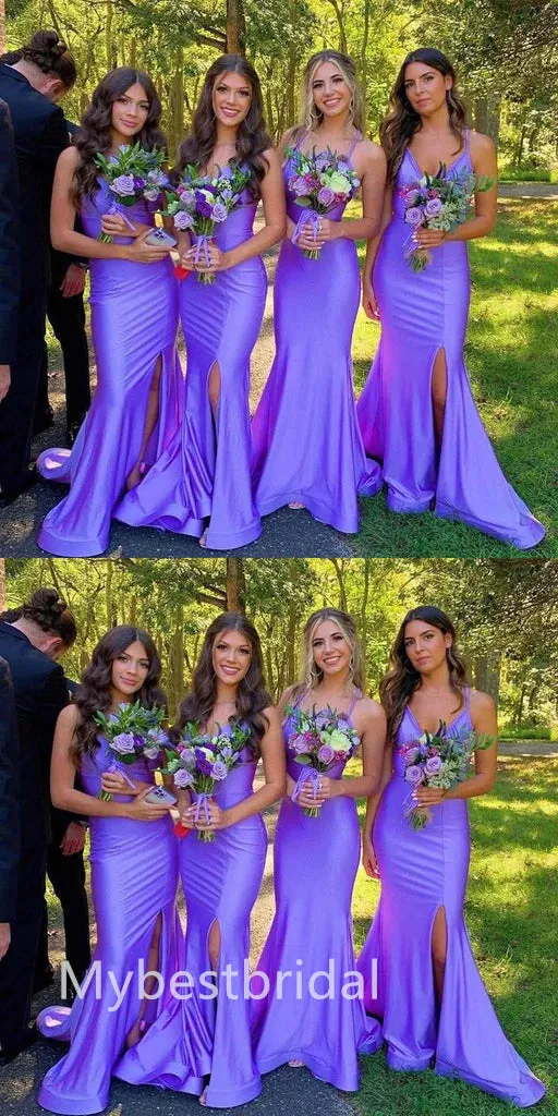 Elegant V-neck Sleeveless Side slit Long Mermaid Bridesmaid Dressess, BDS0310