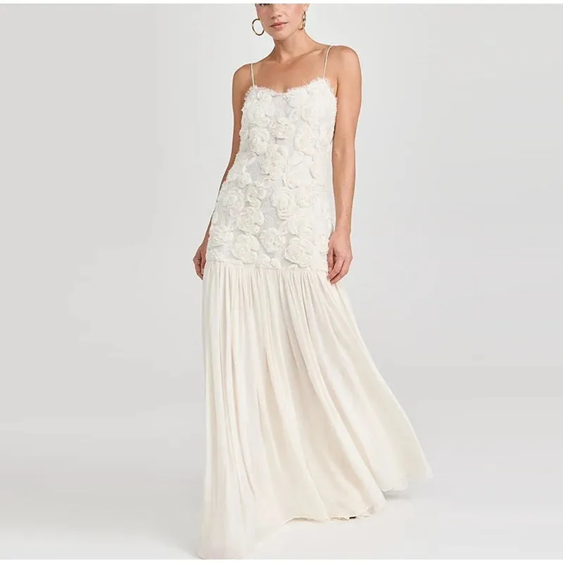 Elegant White Floral Appliqué Maxi Dress – Sleeveless Spaghetti Strap Evening Gown