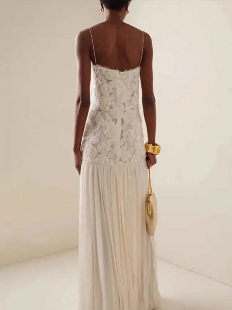 Elegant White Floral Appliqué Maxi Dress – Sleeveless Spaghetti Strap Evening Gown