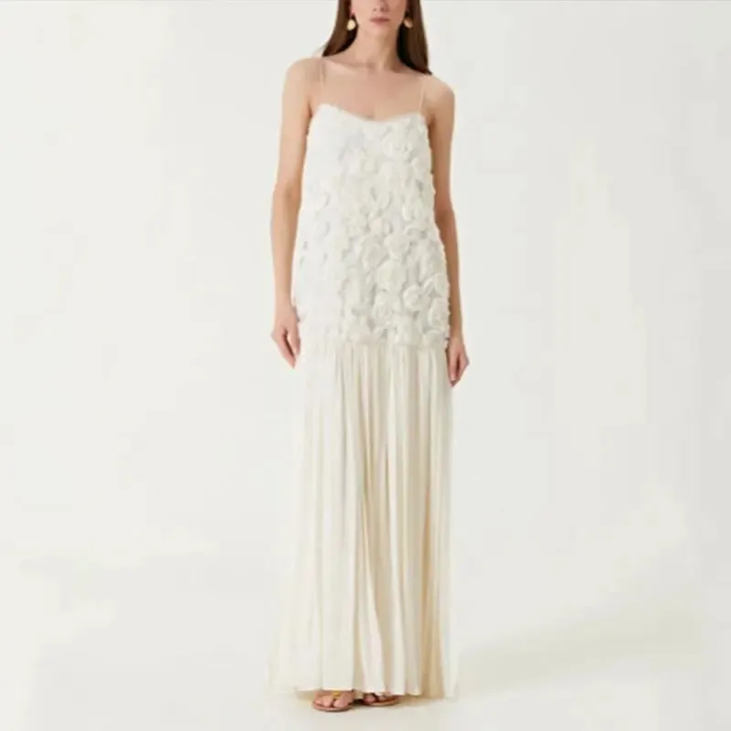 Elegant White Floral Appliqué Maxi Dress – Sleeveless Spaghetti Strap Evening Gown
