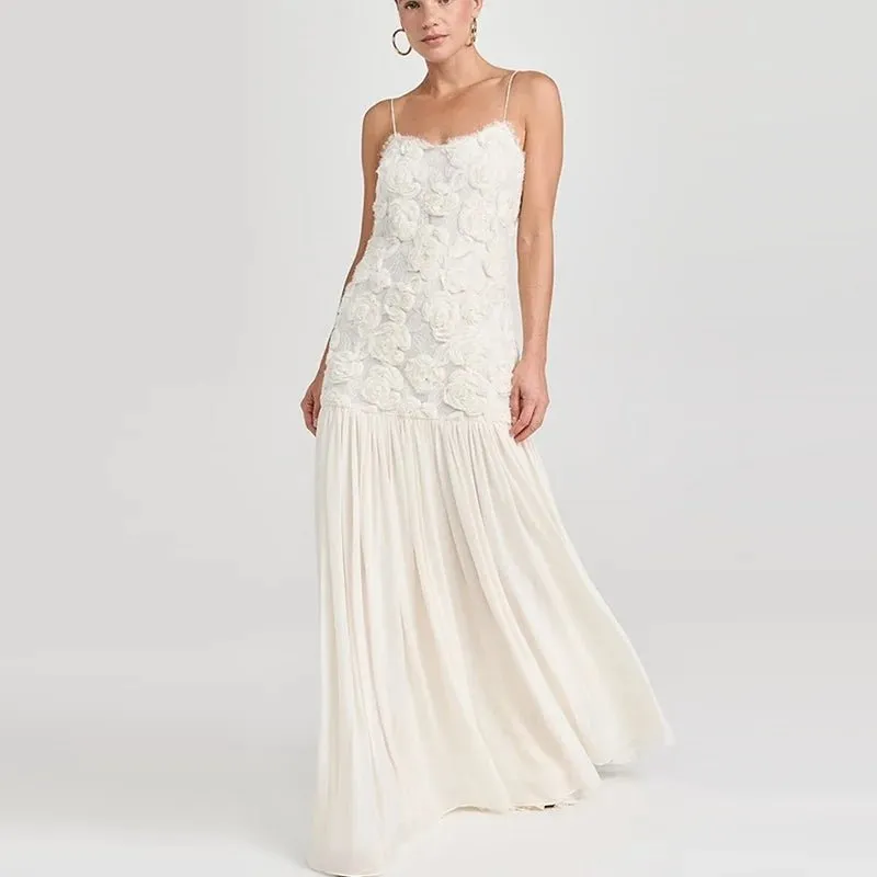 Elegant White Floral Appliqué Maxi Dress – Sleeveless Spaghetti Strap Evening Gown
