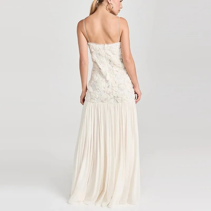 Elegant White Floral Appliqué Maxi Dress – Sleeveless Spaghetti Strap Evening Gown