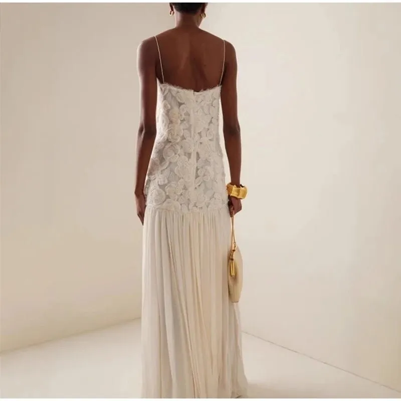 Elegant White Floral Appliqué Maxi Dress – Sleeveless Spaghetti Strap Evening Gown