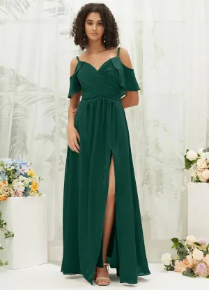 Emerald Green Chiffon Ruffle Cold Shoulder Sweetheart Bridesmaid Dress