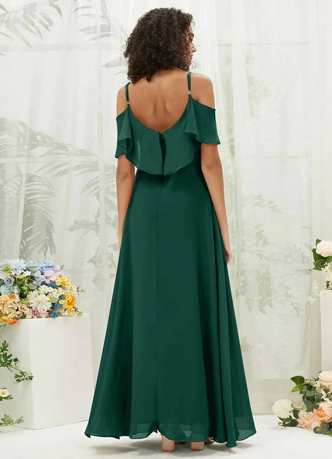 Emerald Green Chiffon Ruffle Cold Shoulder Sweetheart Bridesmaid Dress