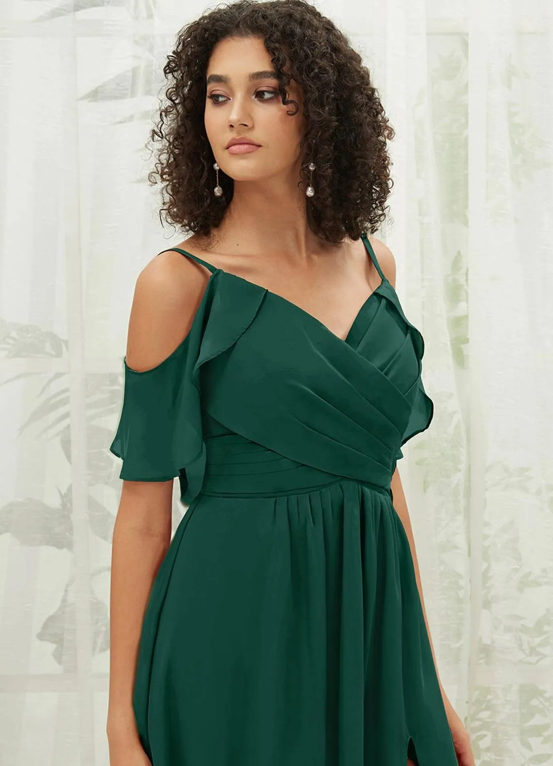 Emerald Green Chiffon Ruffle Cold Shoulder Sweetheart Bridesmaid Dress