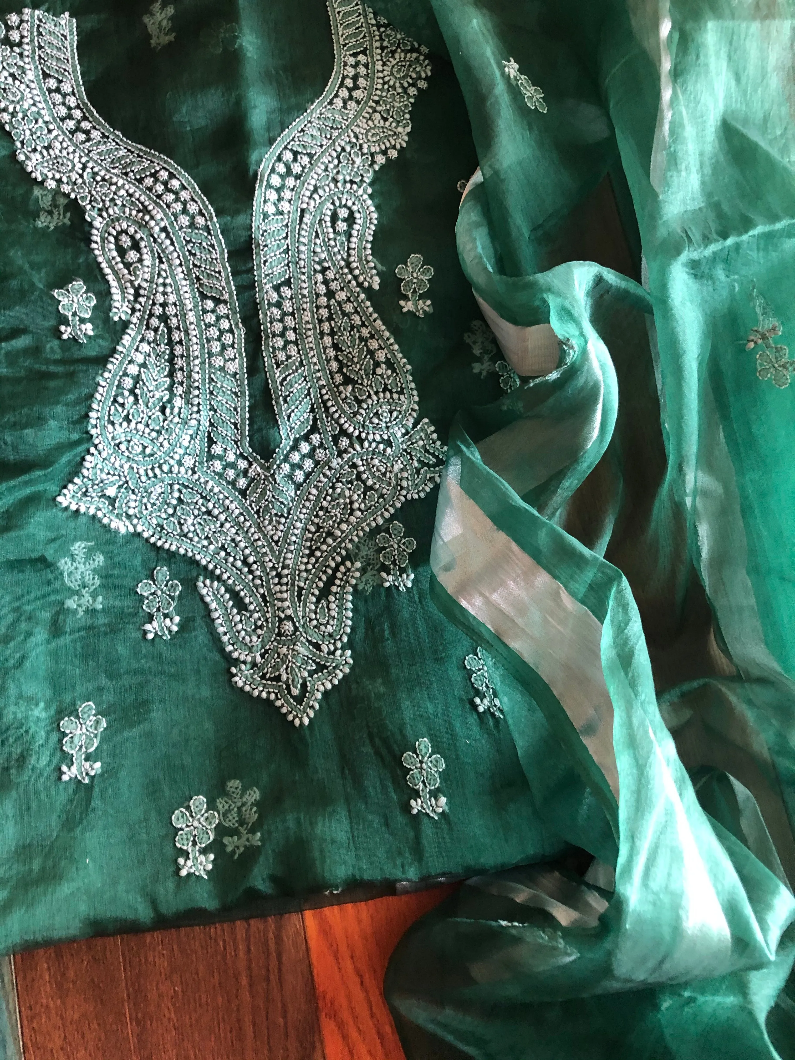 Emerald Green Chikan work Organza Salwar Kameez fabric