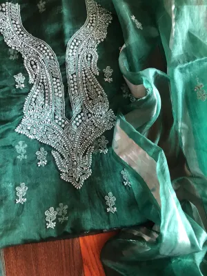 Emerald Green Chikan work Organza Salwar Kameez fabric