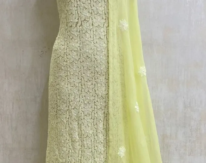 Fancy Lime Yellow unique Georgette Chikankari Salwar Suit Set fabric