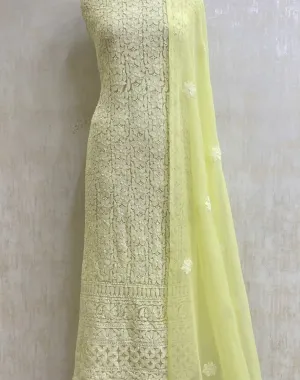 Fancy Lime Yellow unique Georgette Chikankari Salwar Suit Set fabric