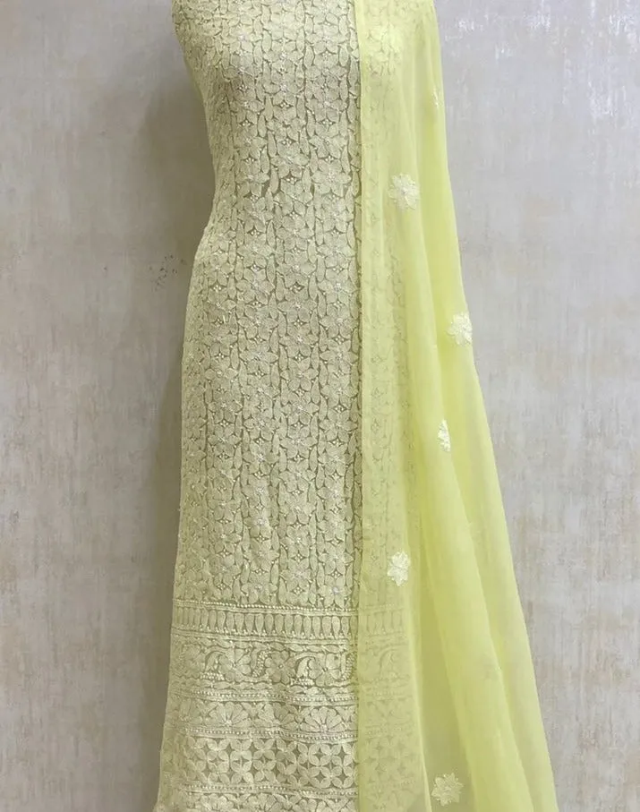 Fancy Lime Yellow unique Georgette Chikankari Salwar Suit Set fabric