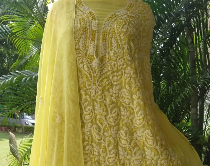 Fancy Sunflower Yellow unique Chikankari Georgette Salwar Suit Set unstitched