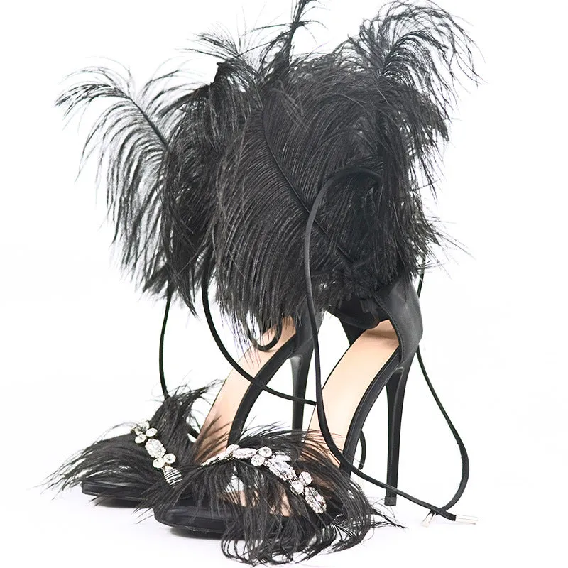 Fashion Rhinestone Feather Female Sandals Elegant Women Sandals