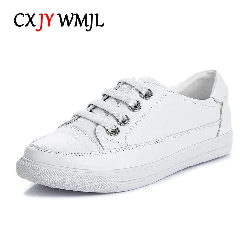 Genuine Leather Women's Casual Sneakers All Season Shoes White Vulcanized Shoes