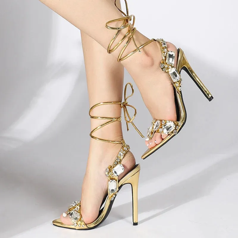 Gold Ankle Strap Sandals with Crystal Diamond Pointed Toe