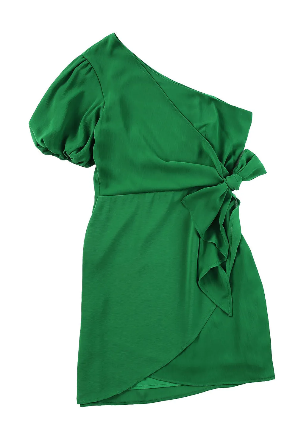 Green Asymmetric Bubble Sleeve Twist Knot Wrap Dress
