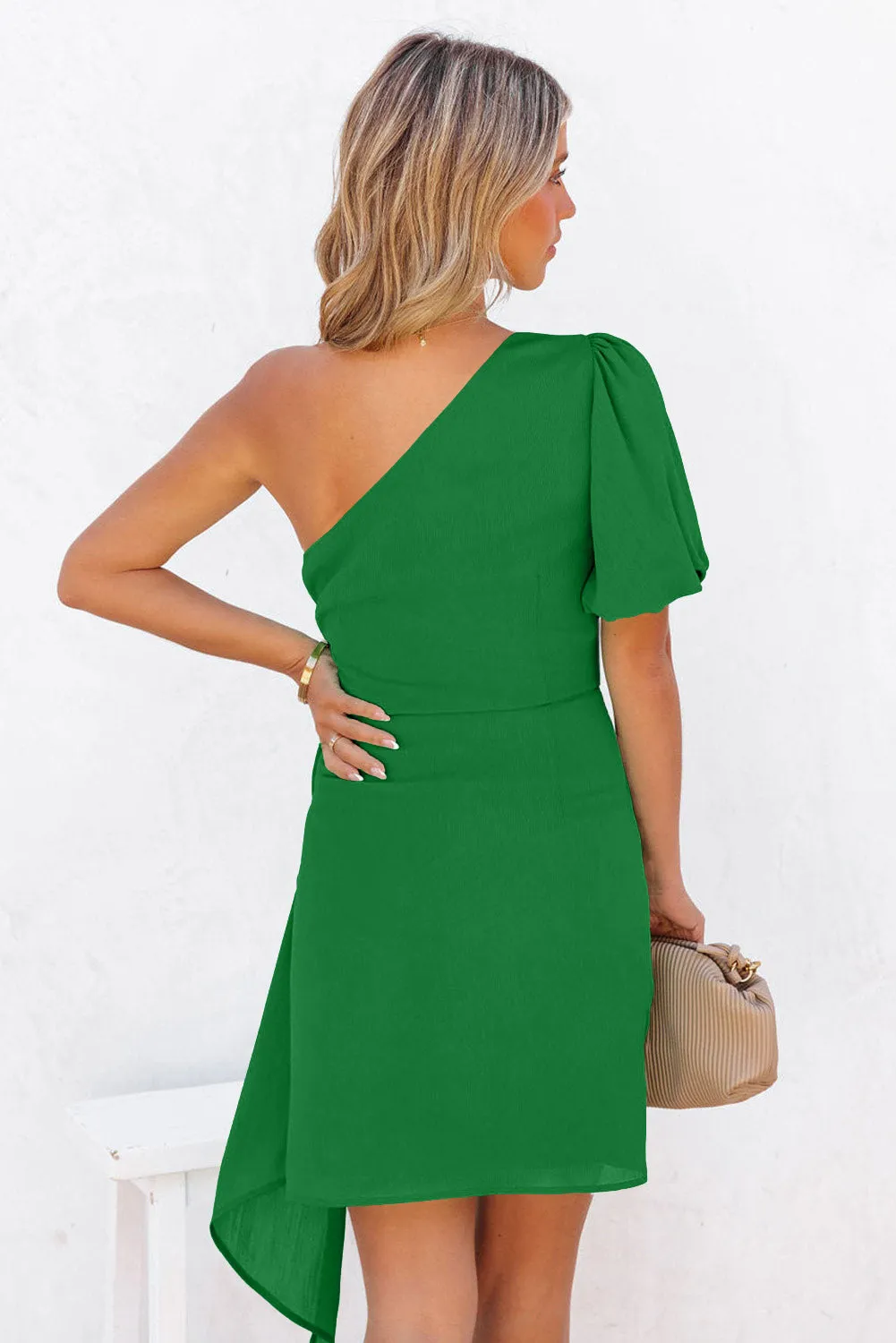 Green Asymmetric Bubble Sleeve Twist Knot Wrap Dress