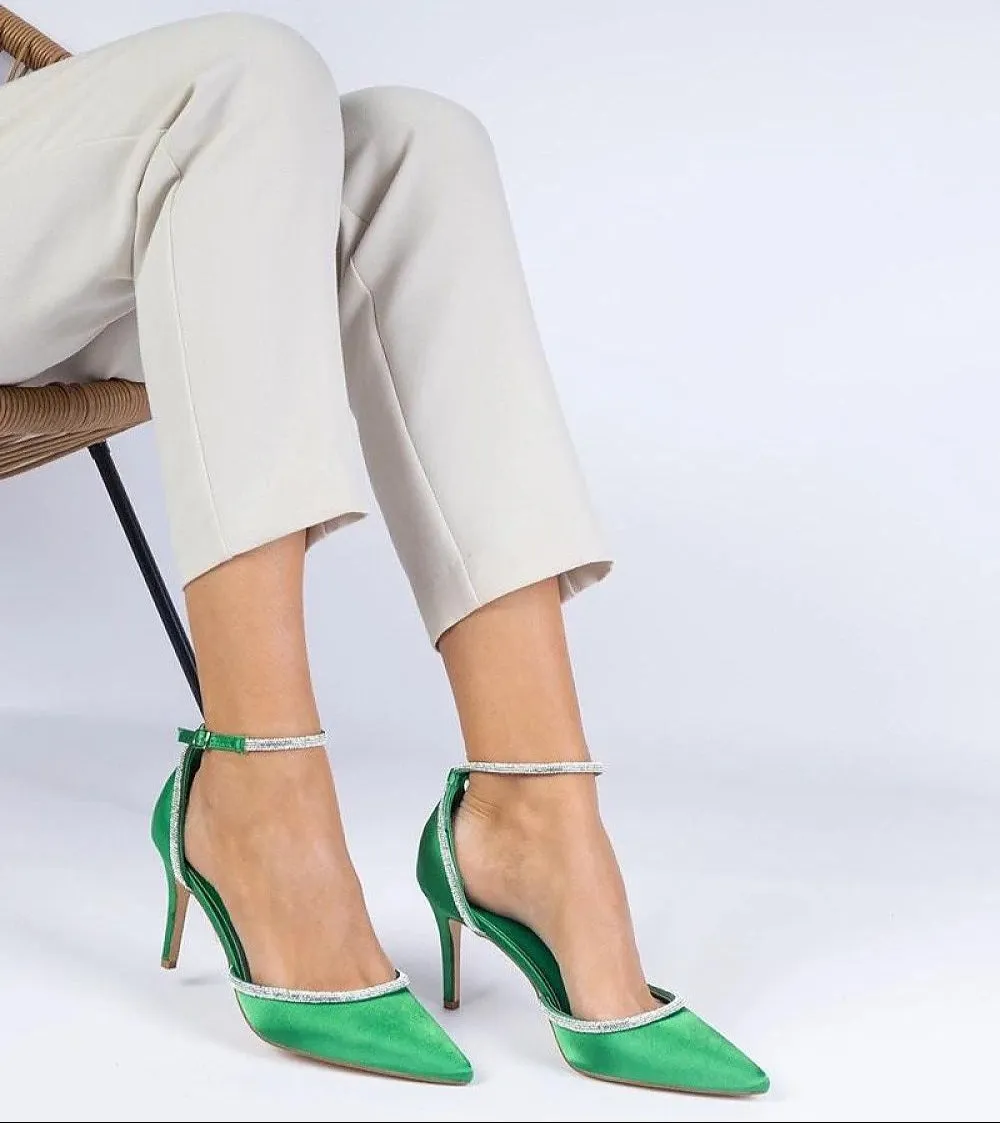 Green satin pumps adorned with zircons
