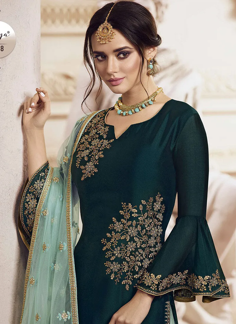 Green Two Tone Golden Embroidered Gharara Suit