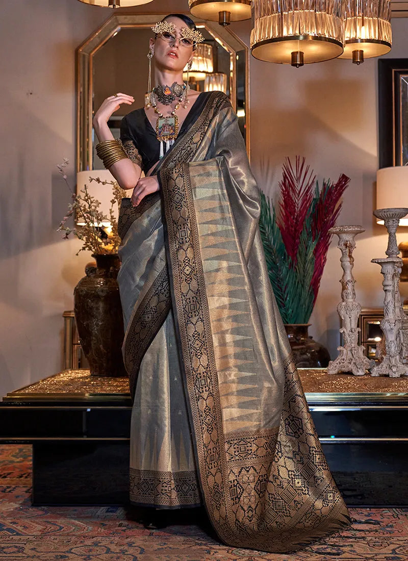 Grey And Black Handloom Tissue Silk Saree