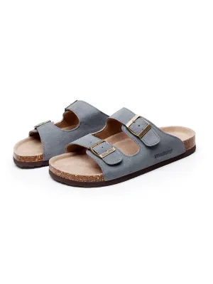 Grey Double-Buckle Wide-Strap Suede Leather Sandals