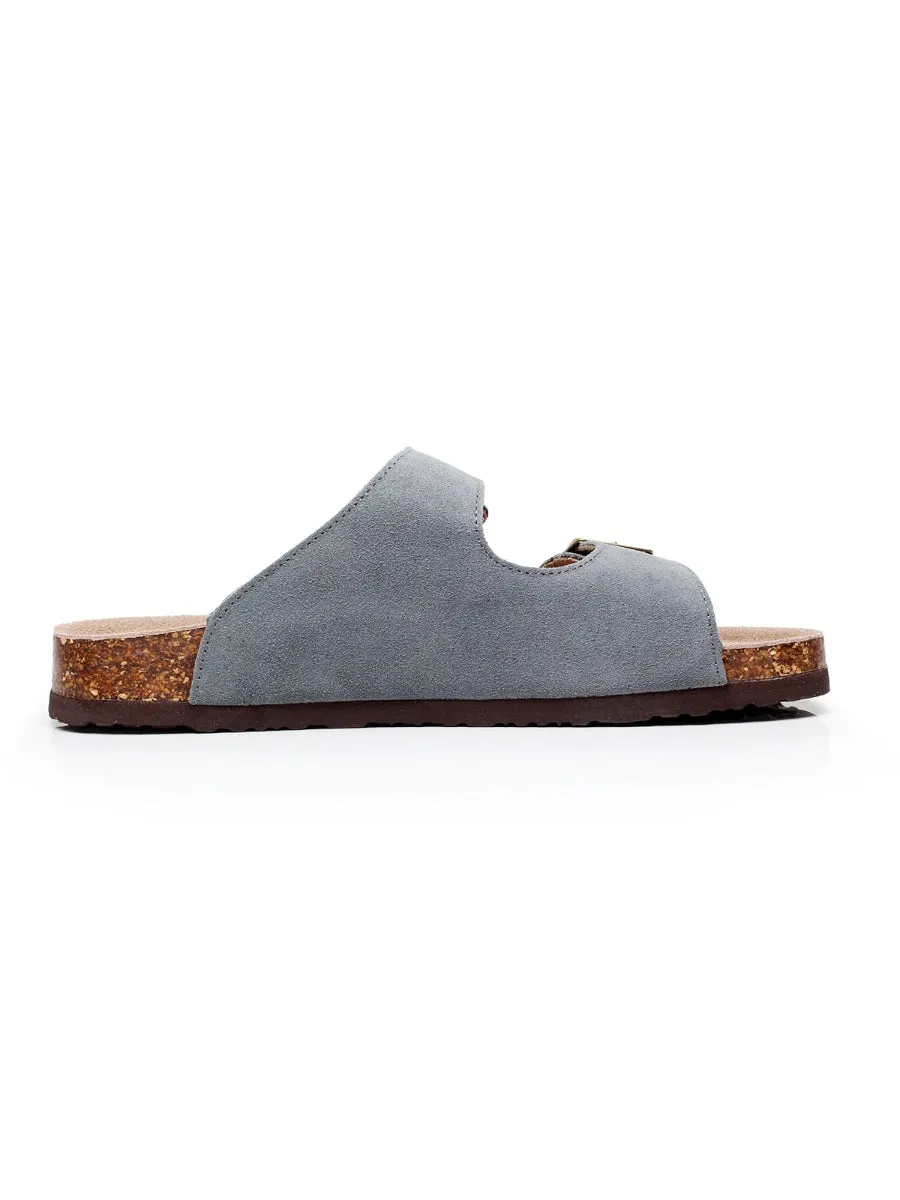 Grey Double-Buckle Wide-Strap Suede Leather Sandals