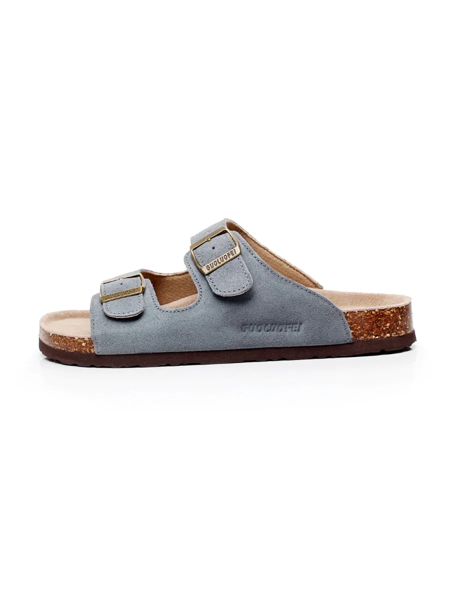 Grey Double-Buckle Wide-Strap Suede Leather Sandals