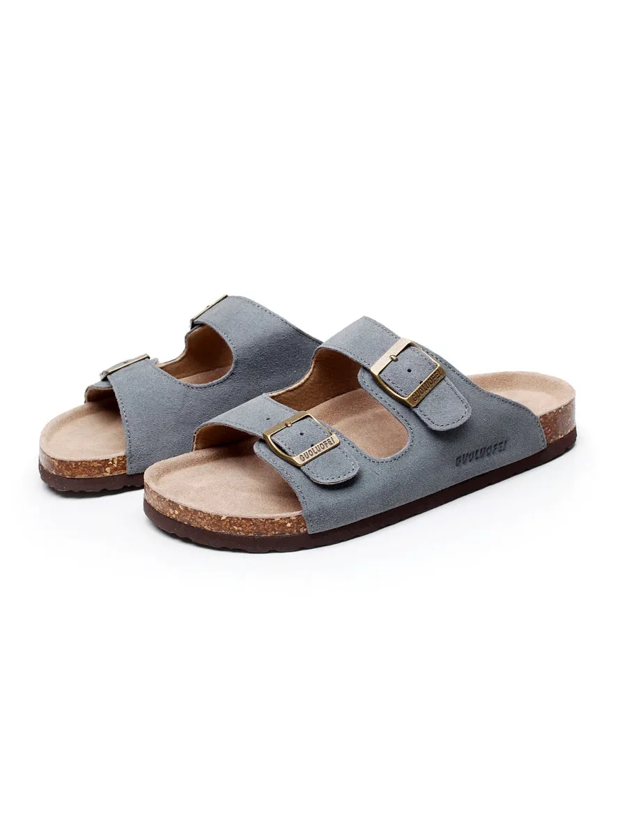 Grey Double-Buckle Wide-Strap Suede Leather Sandals