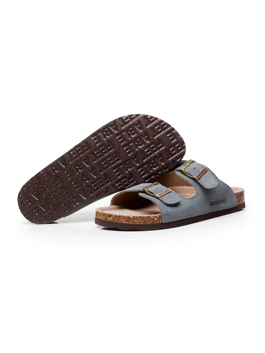 Grey Double-Buckle Wide-Strap Suede Leather Sandals