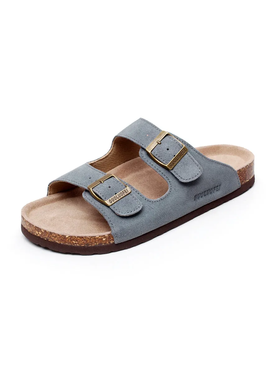 Grey Double-Buckle Wide-Strap Suede Leather Sandals