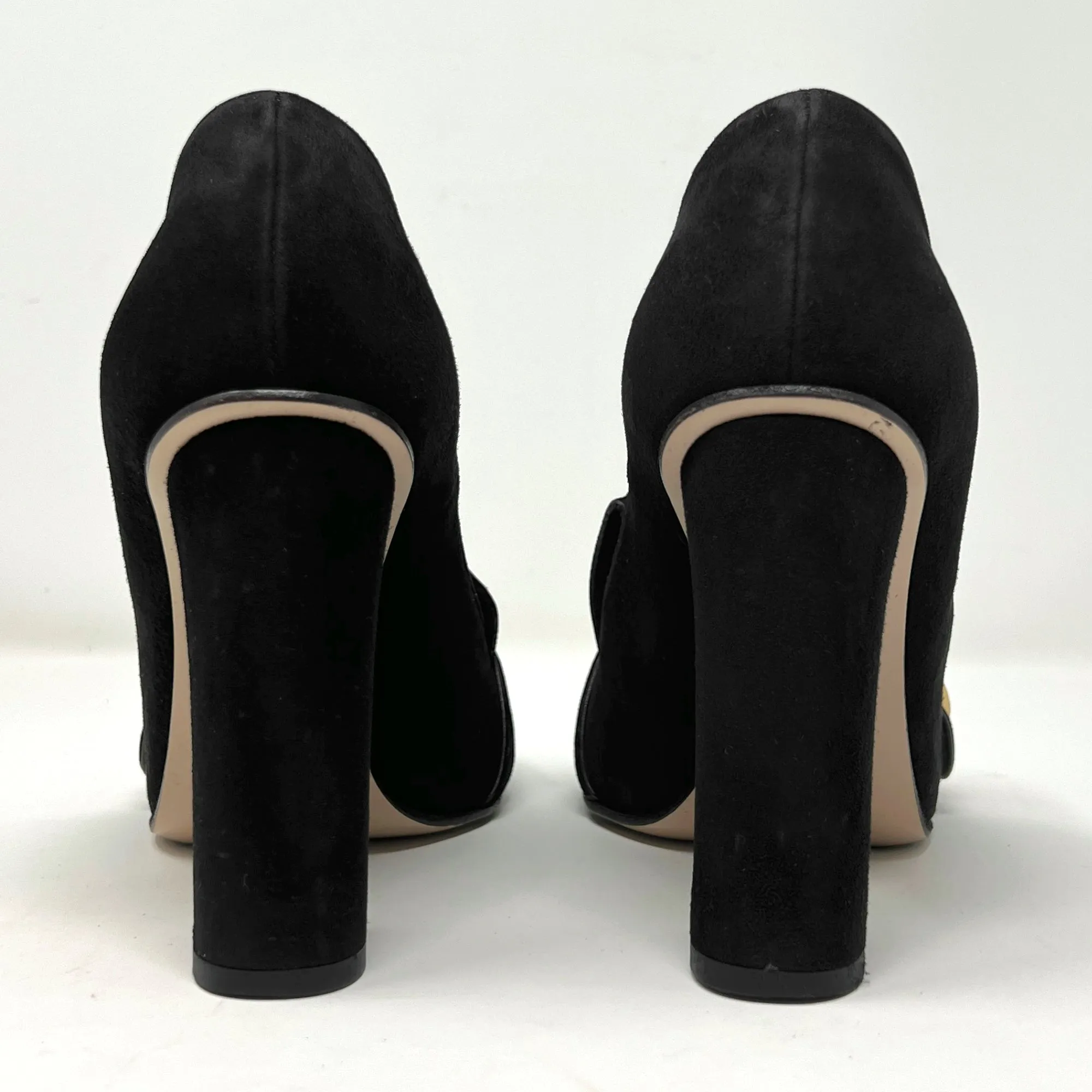 Gucci Black Suede GG Marmont Gold Logo Fringe Kitlie Loafers High Heels Pumps Size EU 36.5