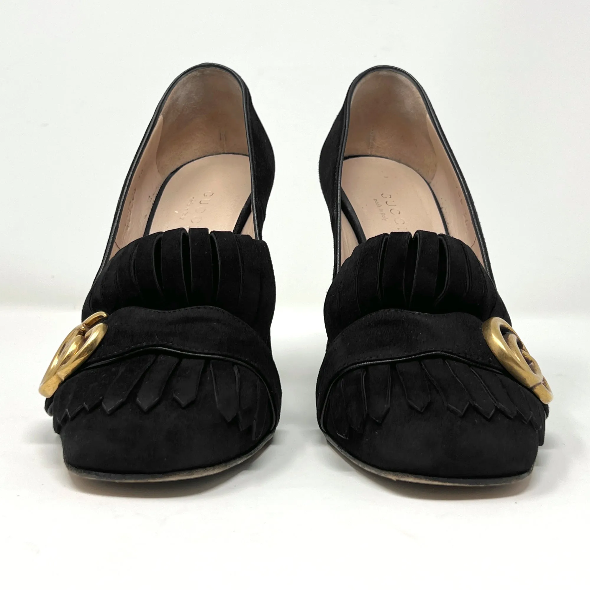 Gucci Black Suede GG Marmont Gold Logo Fringe Kitlie Loafers High Heels Pumps Size EU 36.5