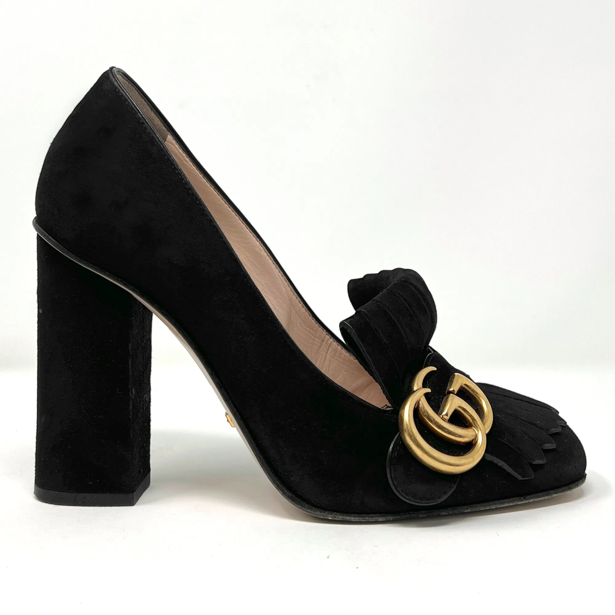 Gucci Black Suede GG Marmont Gold Logo Fringe Kitlie Loafers High Heels Pumps Size EU 36.5