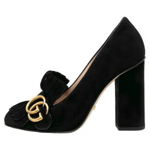 Gucci Black Suede GG Marmont Gold Logo Fringe Kitlie Loafers High Heels Pumps Size EU 36.5