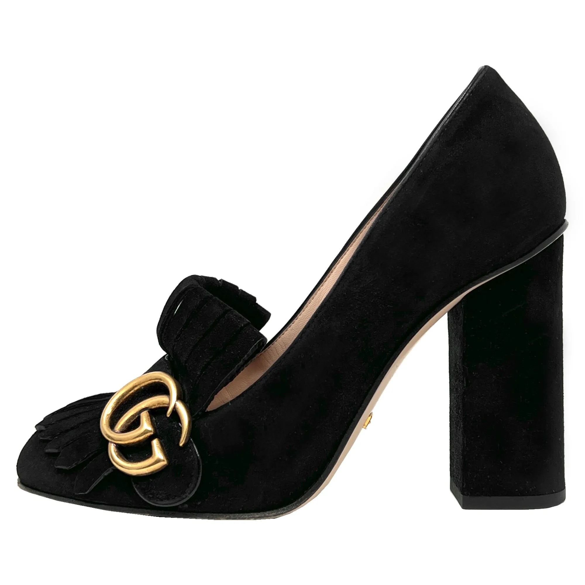 Gucci Black Suede GG Marmont Gold Logo Fringe Kitlie Loafers High Heels Pumps Size EU 36.5