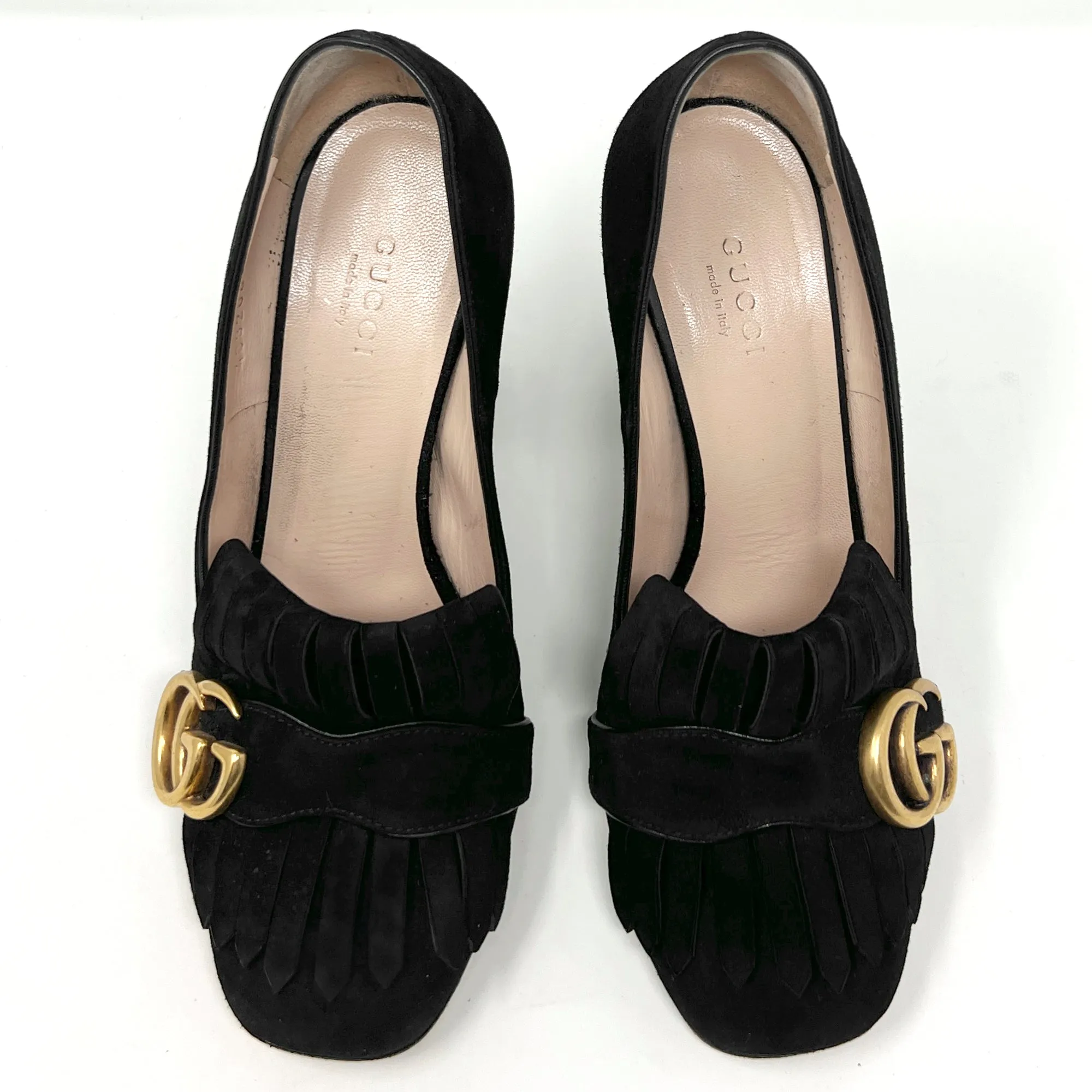 Gucci Black Suede GG Marmont Gold Logo Fringe Kitlie Loafers High Heels Pumps Size EU 36.5