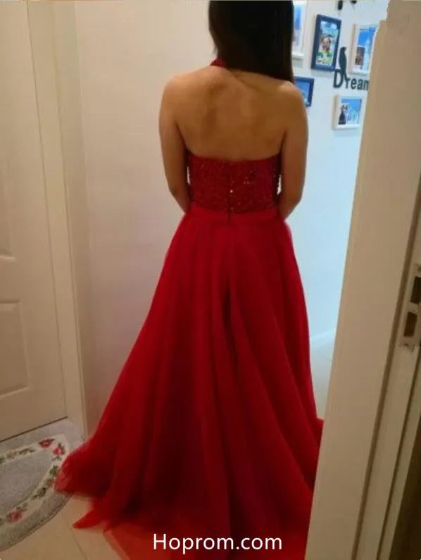 Halter Red Beading Elegant Prom Dress