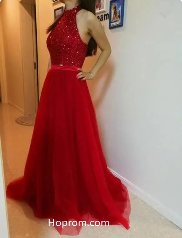 Halter Red Beading Elegant Prom Dress